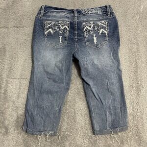 Ariya Capri Jeans Juniors Size 7/8 Thick Stitch Rhinestone Studded Denim Cuffed‎